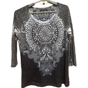 BLEU Tunic Top Size L Gray Long Sleeve Boho Paisley Grunge Fairy Made in USA